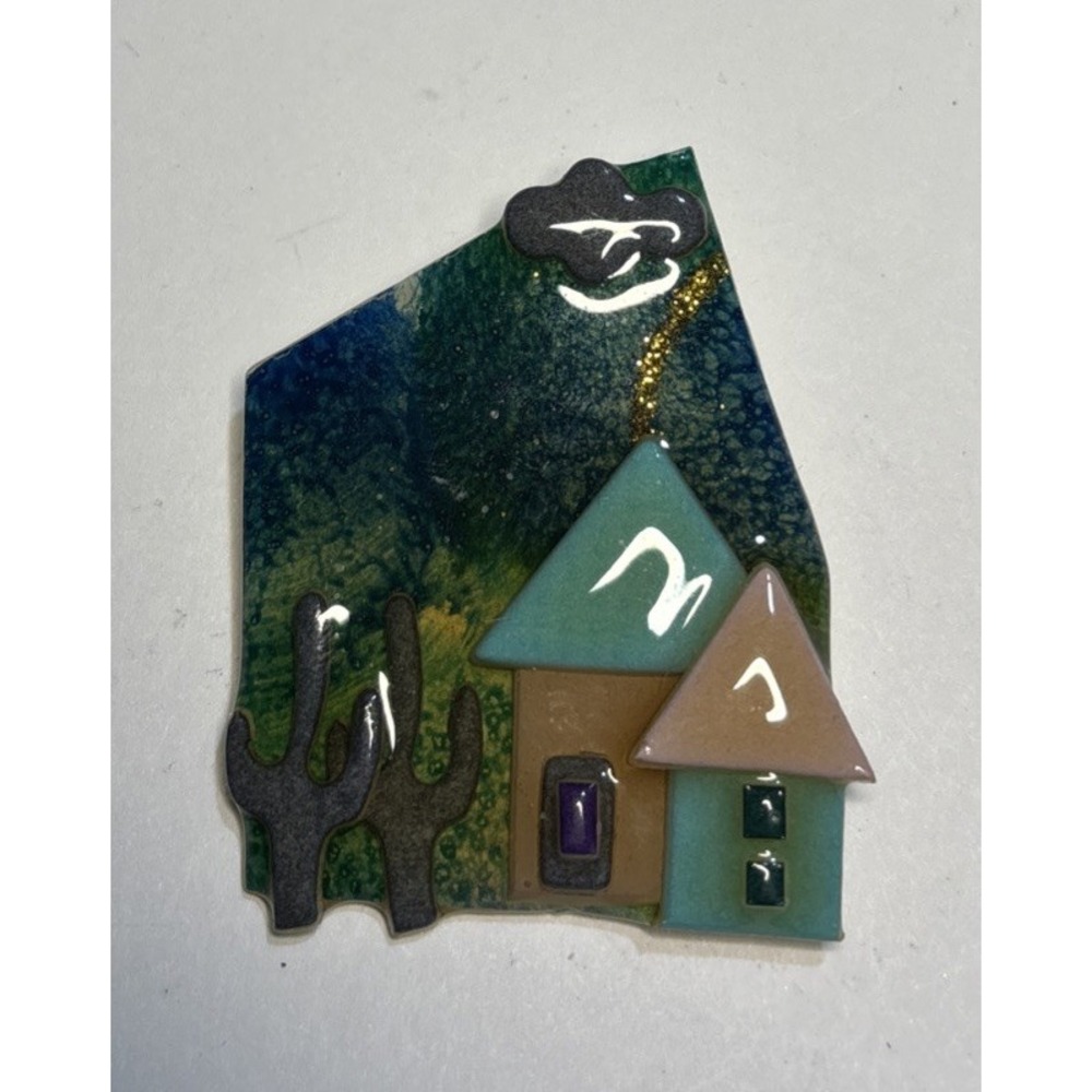 Vintage Lucinda House Pin Southwest Adobe Houses Cactus folk art Brooch 2"
